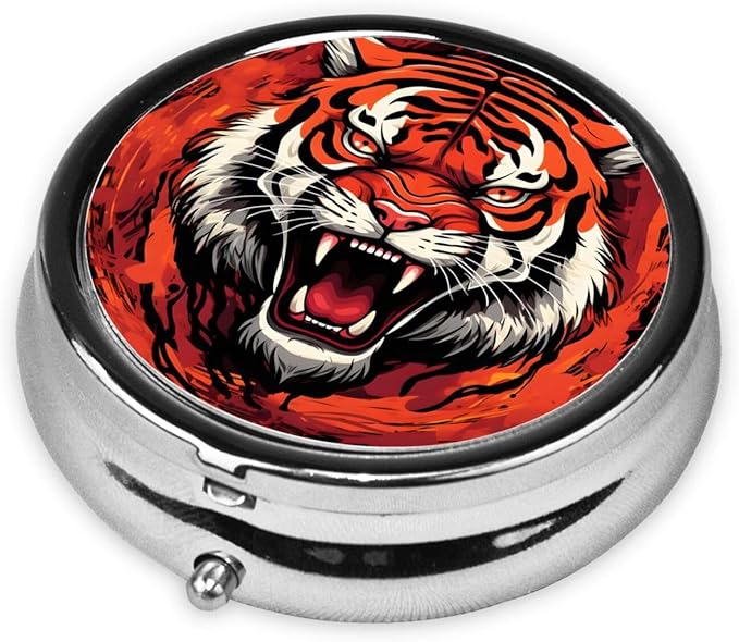 Abstract Angry Tiger Pill Box 3 Compartment Pill Case, Portable Medicine Pill Organizer for Pocket Purse Pill Box Decorative Metal Medicine Vitamin Organizer