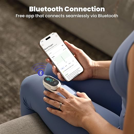 Bluetooth Pulse Oximeter Fingertip, Smart Blood Oxygen Saturation Monitor with App for Sports & Aviation, Accurate SpO2 & Heart Rate Reader with Full OLED Screen, Perfusion Index, Batteries Included