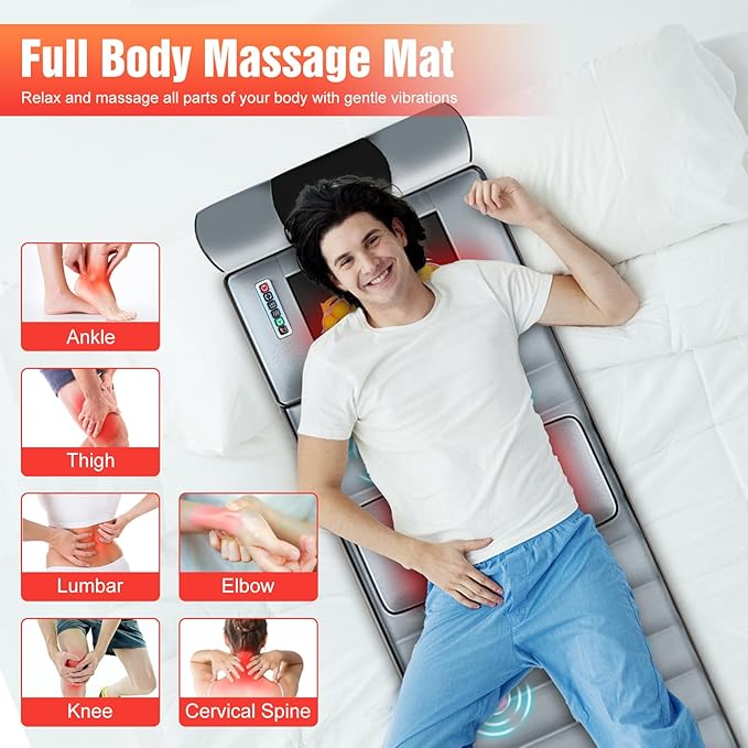 Heated Full Body Massage Mat – 10 Motors Vibration Massage Pad for Bed, with Inflatable Neck Pillow & Lumbar Support, 3 Timer Settings, Electric Shiatsu Back Massager for Home Use