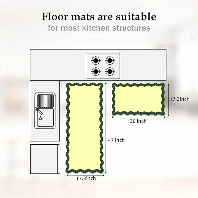 Scalloped Kitchen Mats Rugs Sets of 2 Cushioned Anti Fatigue Floor Mat Waterproof Kitchen Rugs Non Slip Foam Comfort Standing Mat for Sink Laundry, Green
