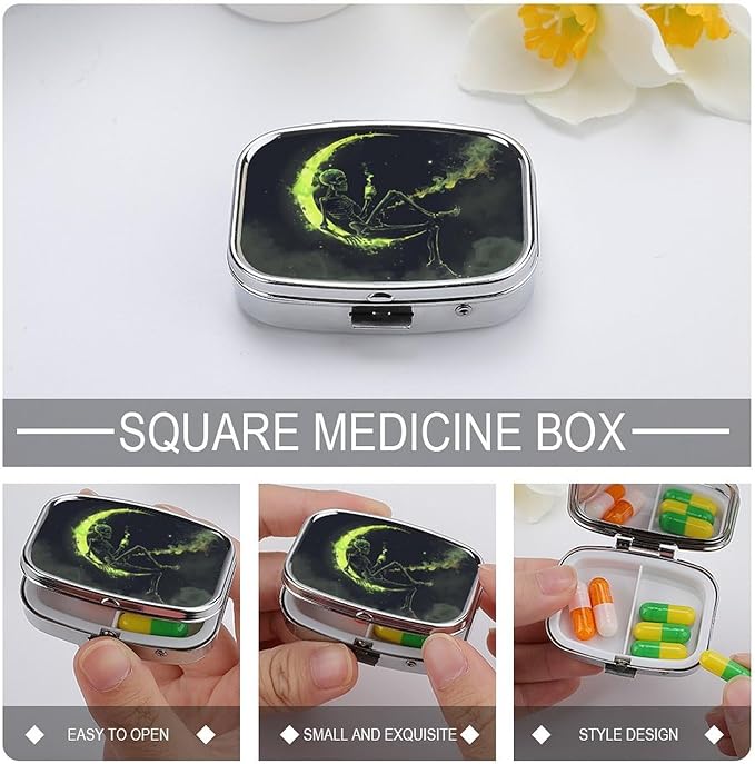 Metal 2 Compartment Pill Organizer Travel Friendly Portable Compact Pill Box Cute Pill Case,for Pocket Wallets Daily Portable Medicine Vitamin Tablet Storage (The Skull on The Moon)