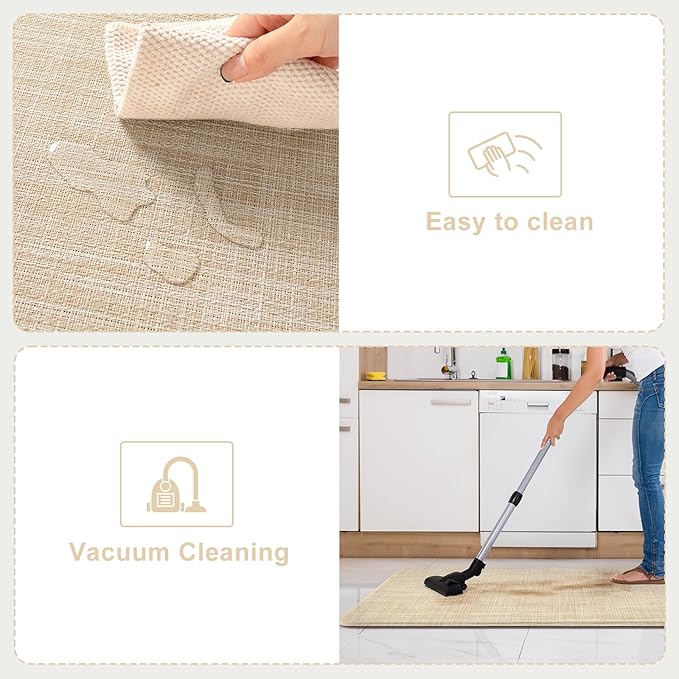 KIMODE Kitchen Mats Cushioned Anti Fatigue 17"x47"+17"x29", Beige Padded Kitchen Floor Mats Non Slip, Comfort Textilene Kitchen Mats for Floor, Standing Mat for Laundry Office Sink Desk