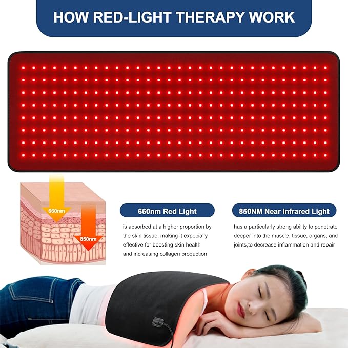 Red Light Therapy Pad 31.5" x 11.8" Large Mat 660nm & 850nm Infrared Light Therapy Devices Wearable Wrap Belt for Full Body Shoulders Waist Back Knee Joint Muscle Pain Relief