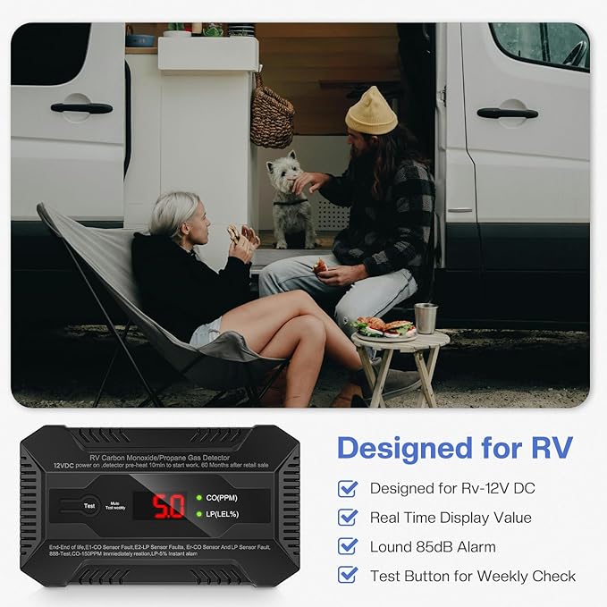 RV Carbon Monoxide & Propane Gas Detector, Dual LP/CO Gas Alarm with Separate LCD Indicator Lights, 85dB Loud Alarm, Carbon Monoxide Propane Gas Leak Detector for RV and Home Use-12V DC