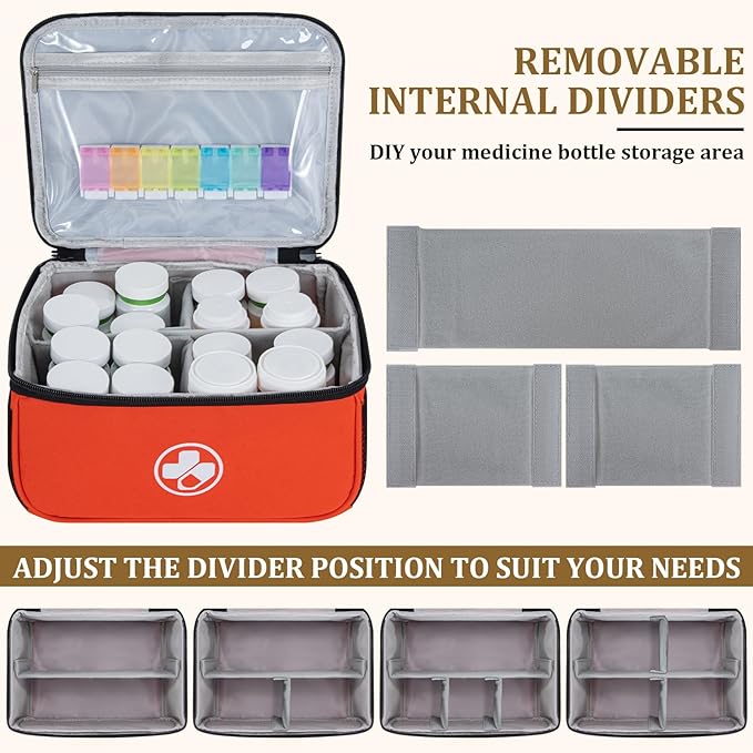 Dual Layers Medicine Organizer Bag, Pill Bottle Organizer Storage with Lockable Zipper, Lockable Medicine Travel Case for Pills, Vitamins, Medical Supplies, Orange（Lock not Included）