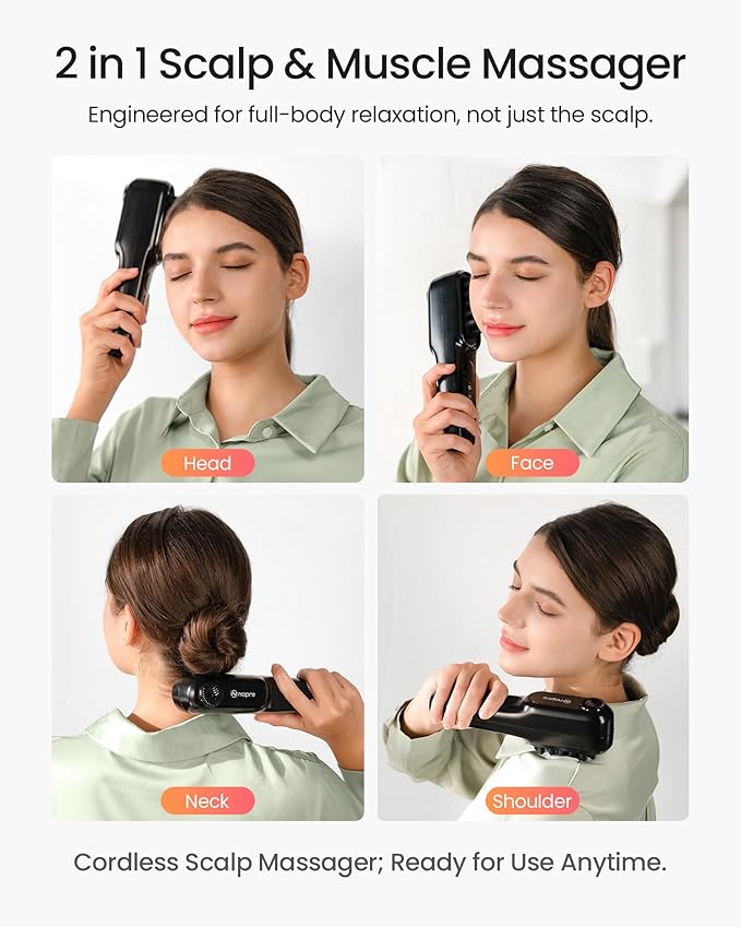 NAPRE Electric Scalp Massager,Head & Hair Massager Scalp Stress Relax,Cordless Handheld Muscle Massager with Horizontal Vibration for Face,Neck,Shoulder & Body,with Charging Dock