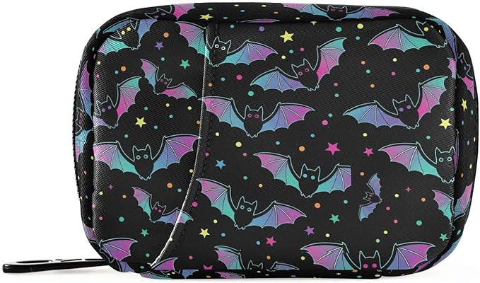 Travel Pill Organizer Bag Weekly Pill Organizer Case Goth Magic Galaxy Bat Portable Small Daily Pill Boxes for Vitamin Fish Oils Supplement Holder with Zipper Compact Size
