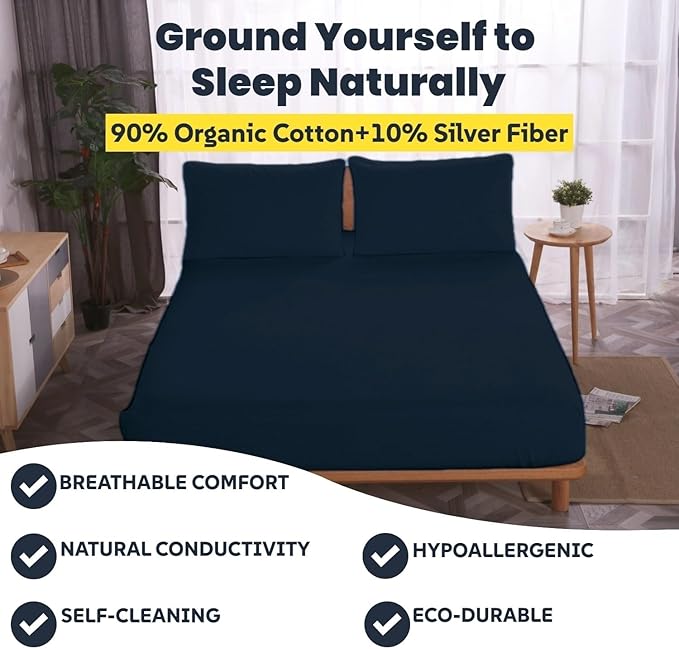 OKOHEY Grounding Fitted Sheets with 15ft Earthing Cord, California King Size, 90% Organic Cotton + 10% Silver Fiber, Soft & Breathable Grounded Sheet for Better Sleep and Enhanced Wellness, Dark Blue