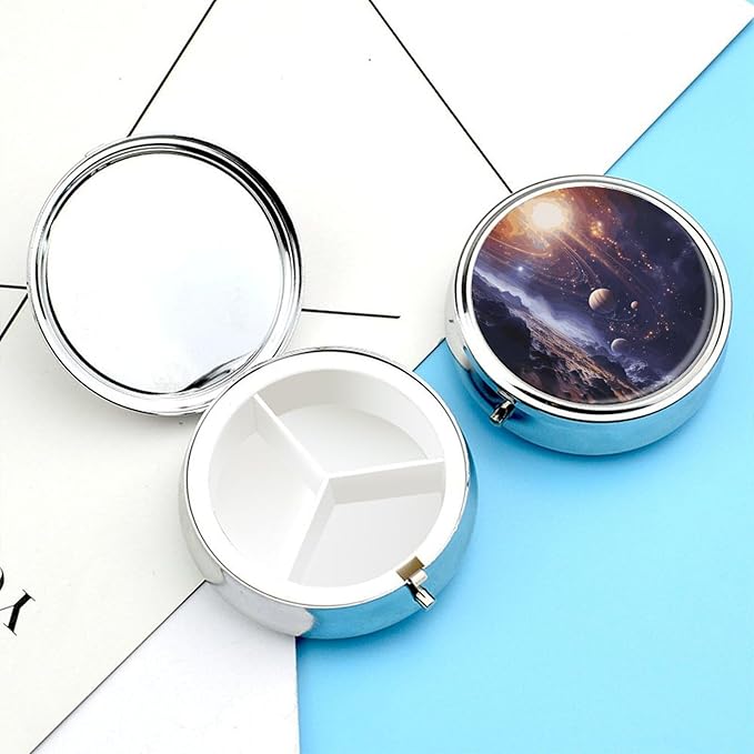 Outer Space Galaxy Universe Pill Box Travel Pill Case for Purse Pocket Weekly Medicine Organizer with Mirror 3 Compartment Round Medicine Case Portable PillcaseHolder for Daily