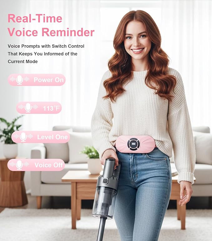 Portable Cordless Heating Pad for Period Cramps, Voice Reminder Menstrual Heating Pad with 6 Heat Levels and 6 Massage Modes, 3s Fast Heating, Gifts for Women Girls, Pink