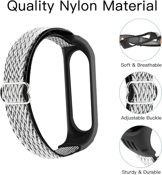 Adjustable Elastic Nylon Straps Compatible with Xiaomi Mi Band 6/Xiaomi Mi Band 5/Xiaomi Mi Band 4/Xiaomi Mi Band 3, Soft Breathable Sport Replacement Wristband for Women Men (Black White)