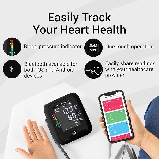 Vive Precision Blood Pressure Monitor, Cuff, & Case - Smartphone Accurate Electronic Health Monitoring System - Wireless Automatic Digital Machine for Women, Men, Adults