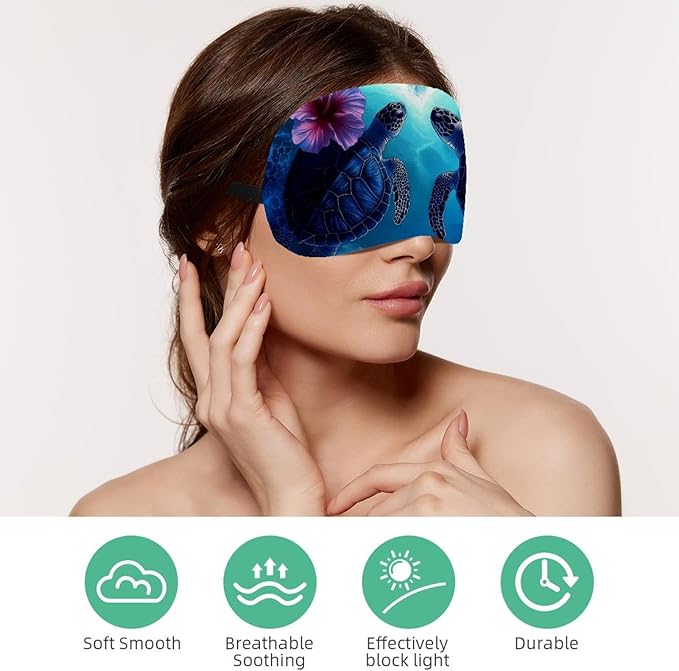 2 Pack Sleep Eye Mask for Women Men, Soft Breathable Eye Cove No Pressure Blackout Night Blindfold for Sleeping Light Blocking with Adjustable Strap, Blue Turtle Flowers