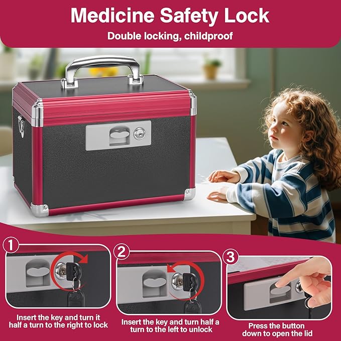 Large Medication Lock Box with Key (13.4"x7.6"x8.2") - Childproof Aluminum Medicine Storage Safe for Prescriptions & First Aid - Secure Portable Pill Organizer for Travel, Home (Black & Red)