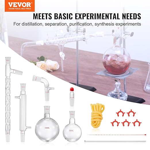 VEVOR Laboratory Distillation Set, 3.3 Borosilicate Glass Equipment with 24/40 Joint, 1000ml Capacity for Essential Oil Extraction, 14-Piece Glassware Kit