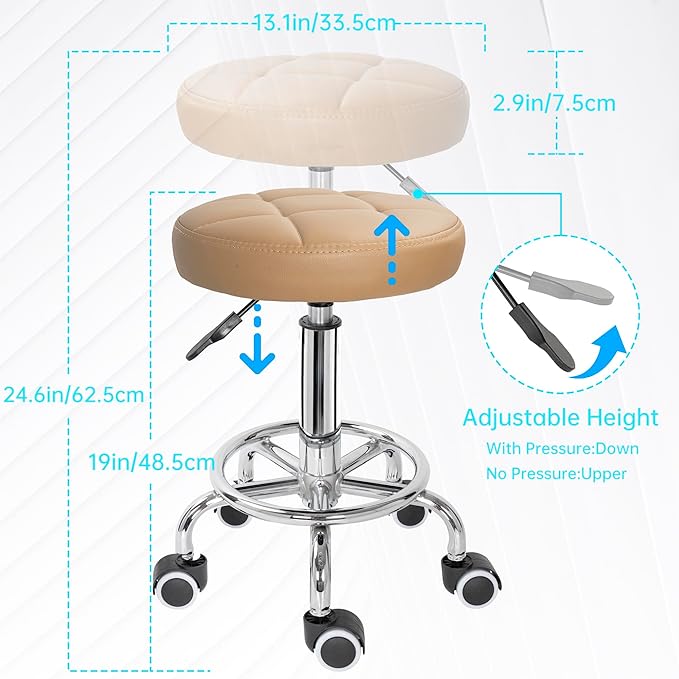 PU Leather Rolling Stool Height Adjustable Round Swivel Stools for Spa Salon Massage Work Chair with Foot Rest Brown