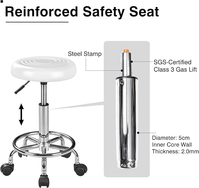 VECELO Hydraulic Salon Stool with Wheels, Height Adjustable PU Leather Swivel Seat, 300 lb Capacity (White)