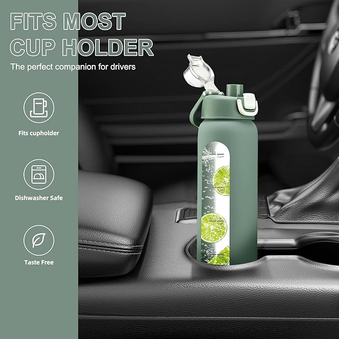 24 oz Glass Water Bottle with 2 Lids-Handle Spout Lid & Straw Lid, Motivational Water Bottle with Time Marker and Silicone Sleeve,Leakproof-Olive-1 Pack
