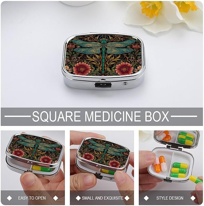 Metal 2 Compartment Pill Organizer Travel Friendly Portable Compact Pill Box Cute Pill Case,for Pocket Wallets Daily Portable Medicine Vitamin Tablet Storage (Dragonfly)