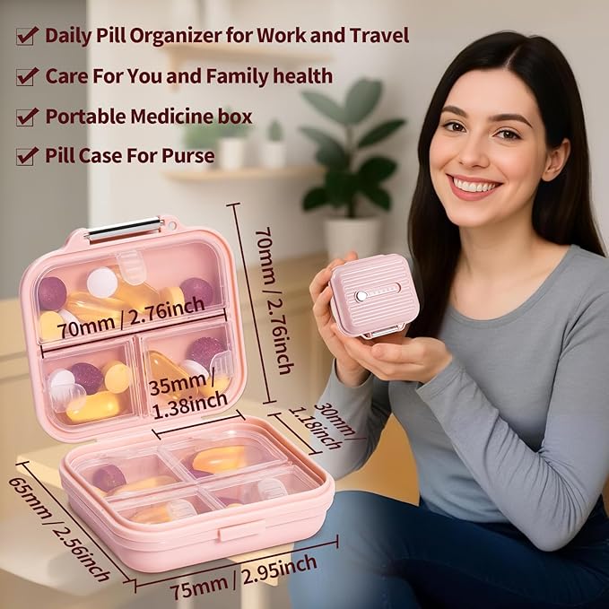 Daviky Travel Pill Organizer,Small 7-Compartment Pill Box for Vitamins & Medications, Compact Medicine Case for Pocket or Purse(Pink)