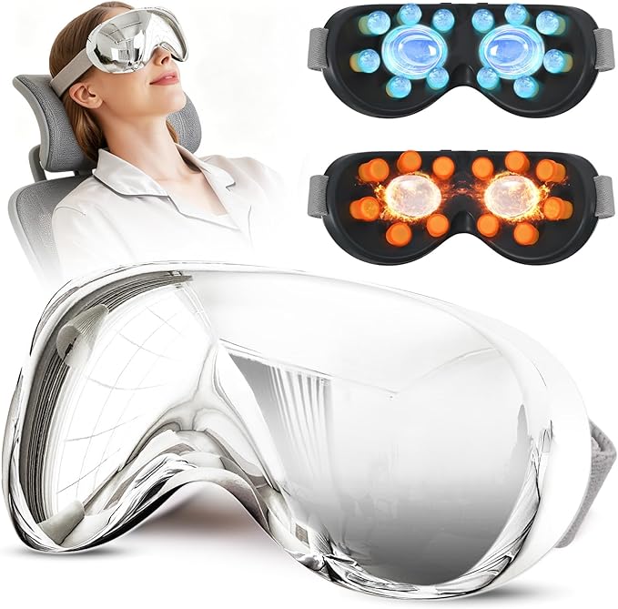 Eye Massager with Heat and Cooling for Migraines – 14 Massage Nodes for Eye Strain Relief, Rechargeable Bluetooth Music, Improve Sleep,Eye Strain Relief, Birthday Gifts for Women and Men(sliver)
