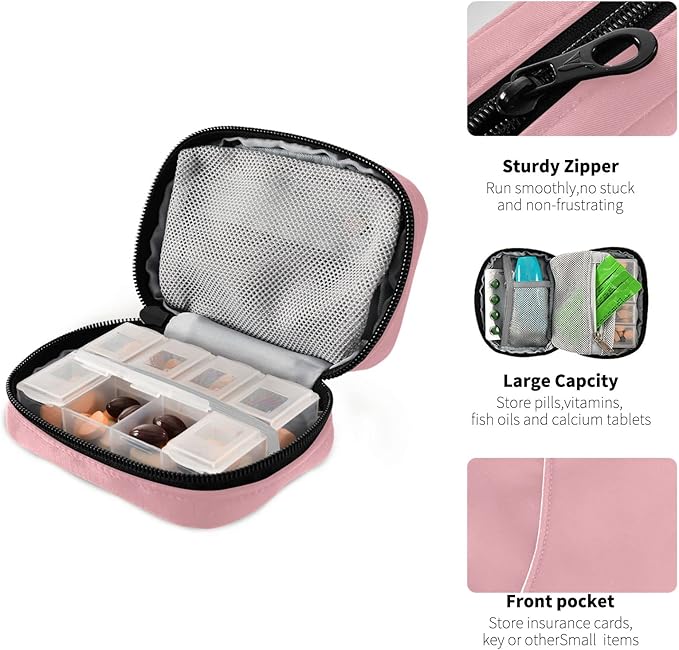 Ollabaky Basic Pink Weekly Pill Organizer, Pill Cases Bag Portable Pill Container 7 Days Pill Box Organizer Vitamin Supplement Holder with Zipper for Travel Family Business Camping