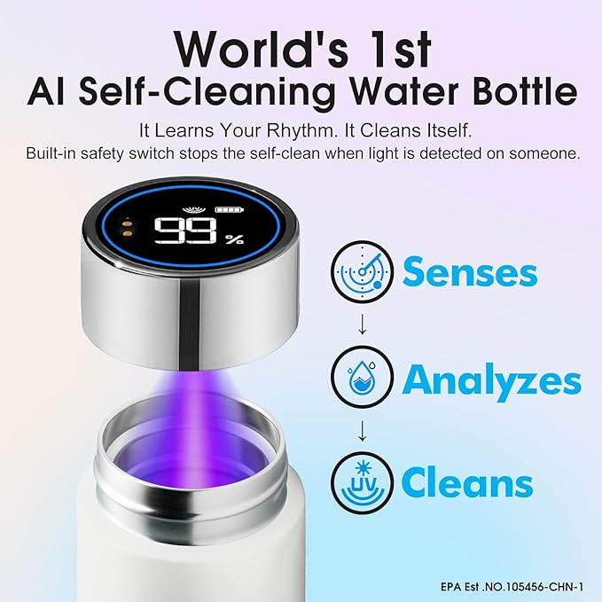 Vsitoo Smart self cleaning Insulated Water Bottle, 15oz Stainless Steel Vacuum Flask, AI Self-Clean, 30-Day Battery Life, BPA-Free, Magnetic Charging, Portable Travel Mug Gifts for Men Women, White