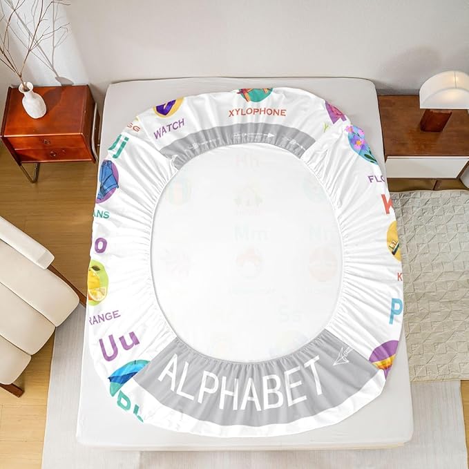 ABC Alphabet Fitted Sheet Full Size, Cartoon Bedding Set with Numbers, Toddler Educational Learning Bed Cover and 2 Pillow Case
