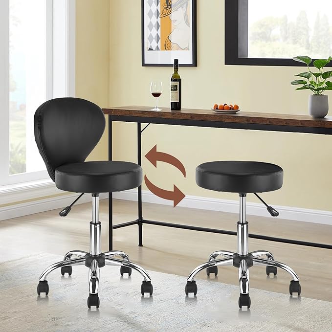 Leather Rolling Salon Stool with Back Support and Wheels Adjustable Height Swivel Spa Stools for Office Massage Facial Medical Drafting Tattoo Beauty Barber Lab Doctor Tattoo, Black, 4 Pack