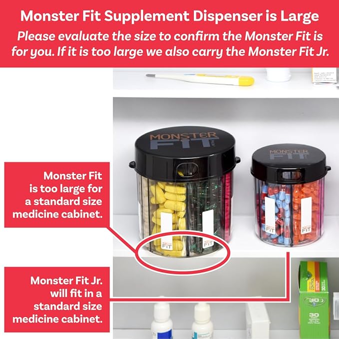 Supplement Pill Dispenser Bottle, 6 Compartment, Labels, Easy Open, Anti-Mixing, Monthly Vitamin Organizer, Monster Fit Jr Medication Holder (Clear, Small)