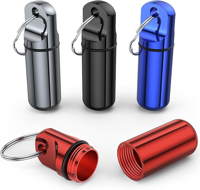 Small Pill Box Keychain, (4 Pack) Portable Keychain Pill Holder Aluminum Alloy Medicine Organizer Mini Metal Pill Case for Purse Waterproof Travel medication Container for Outdoor Camping Travel