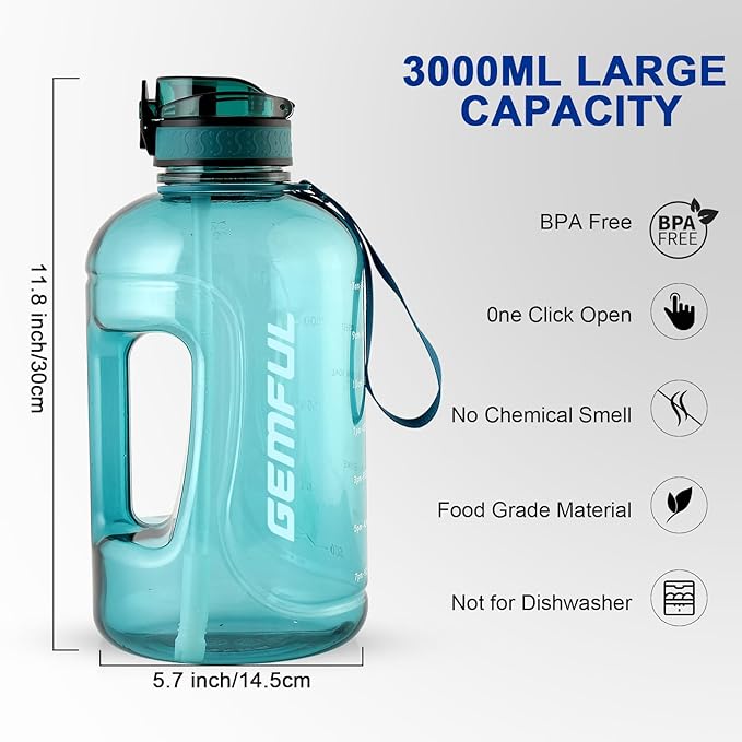 GEMFUL 3 Liter Water Bottle with Straw 101oz BPA-Free Leakproof Time Marker Handle for Gym Sports Large Motivational Jug for Men Women (Cyan with Removable Straw)