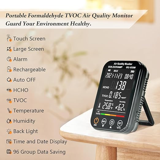 Air Quality Monitor Indoor, 4-in-1 Accurate Air Quality Detector with HCHO | TVOC | Temperature (℃/℉) | Humidity Sensor Air Analyzer with Digital LCD Screen, Sound Alarm for Home, Cars, Plants