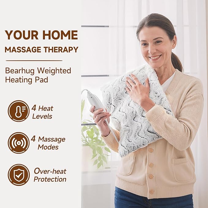 Heat Massaging Weighted Heating Pad for Back Pack, Weighted Electric Heating Pad with Massaging Vibrations 3.7lb Non-Toxic Beads 4 Heat Settings 4 Massage Modes 2h Auto-Off (Grey White, 12"x24")