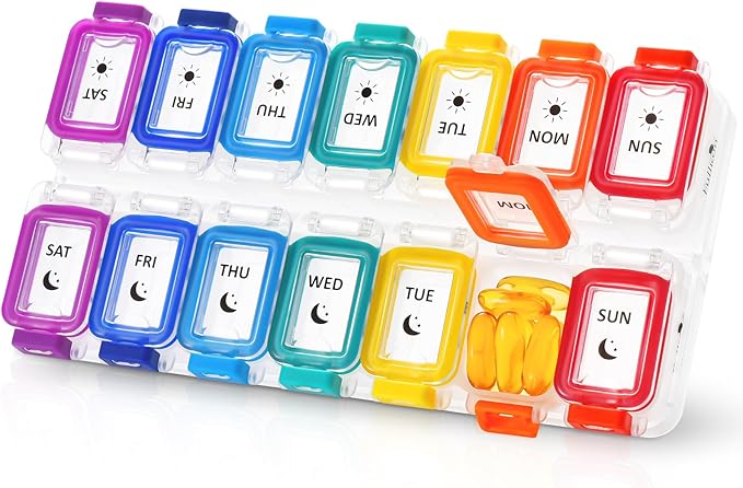 Fullicon Moisture Proof Pill Organizer 2 Times a Day, Large Pill Box 7 Day, Spill Proof Pill Case, Travel Pill Container, Medicine Pill Organizer with Secure Lids, Daily Pill Organizer (Rainbow Clear)