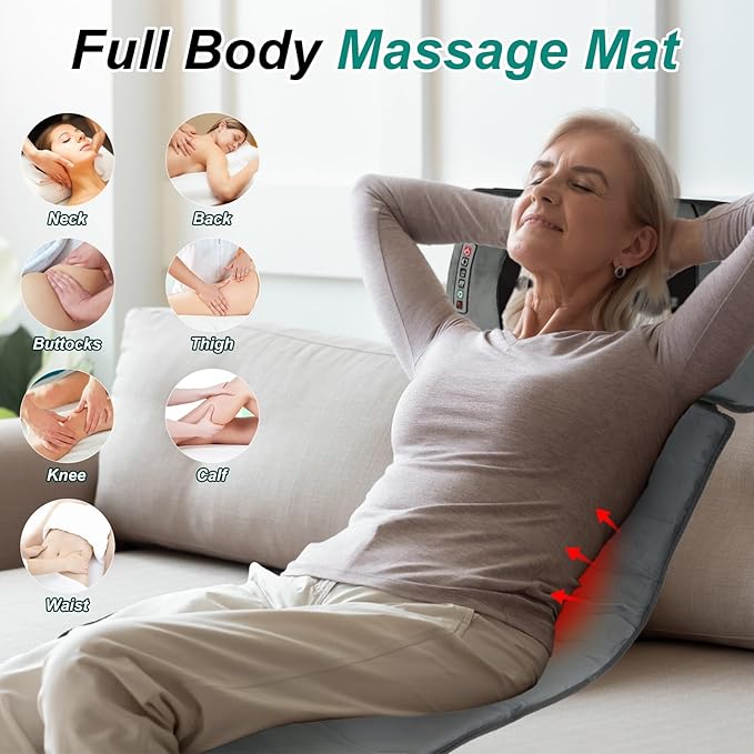 Full Body Massage Mat with Heat, 10 Vibration Nodes Massage Chair Pad with 3 Heating Levels, Anti-Slip Bottom, Relaxation Seat Back Massager with Head Neck Pillow for Home Office