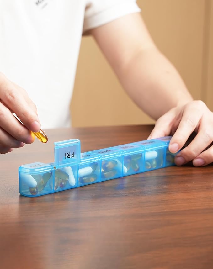 2 Pack Weekly Pill Organizer, Large 7 Day Pill Box, BPA-Free Travel Medicine Case, Easy Open & Secure Close, Portable Pill Holder for Vitamins, Supplements & Medications - Blue&Purple