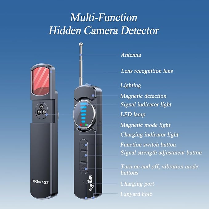 Hidden Camera Detector,Upgraded Hidden Bug and Camera Detector, Bug & GPS Tracker Detector Portable Privacy Protector for Travel/Hotel/Car, Camera Detector Spy Camera Finder with LED (Black)