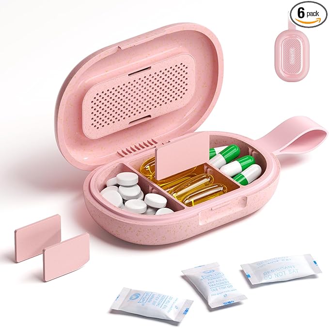 Travel Pill Organizer, Adjustable 3-6 Compartments Portable Pill Box, Small Pill Case Daily Medicine Container Moisture Proof Storage to Hold Vitamin Fish Oil Supplement for Pocket Purse-Pink