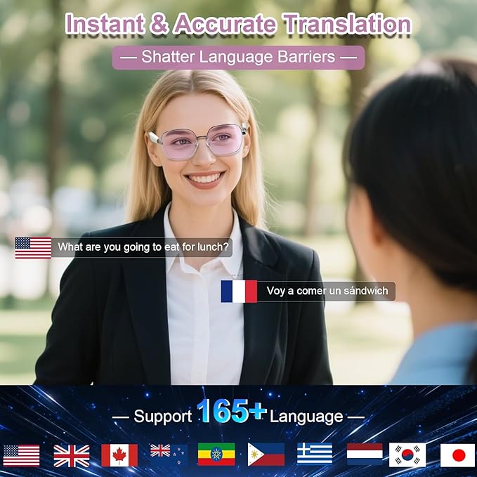 Al Smart Glasses for Women- Bluetooth Translation Glasses with 164 Languages, Color-Change Lens, Music & Call, IP54 Waterproof, Free App, Audio AI Translator Glasses for Meeting Cycling Travel Gaming