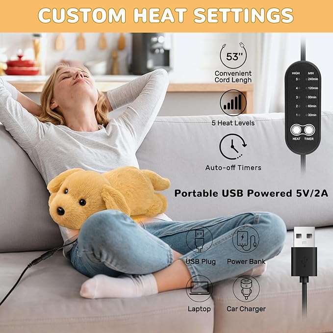 Dog Heating Pad for Period Cramps Menstrual Pain Relief, Portable Electric Heat Pads USB Powered, Cute Golden Retriever Plush Stuffed Gift, Funny Gifts for Women Teen Girls Christmas Birthday Easter