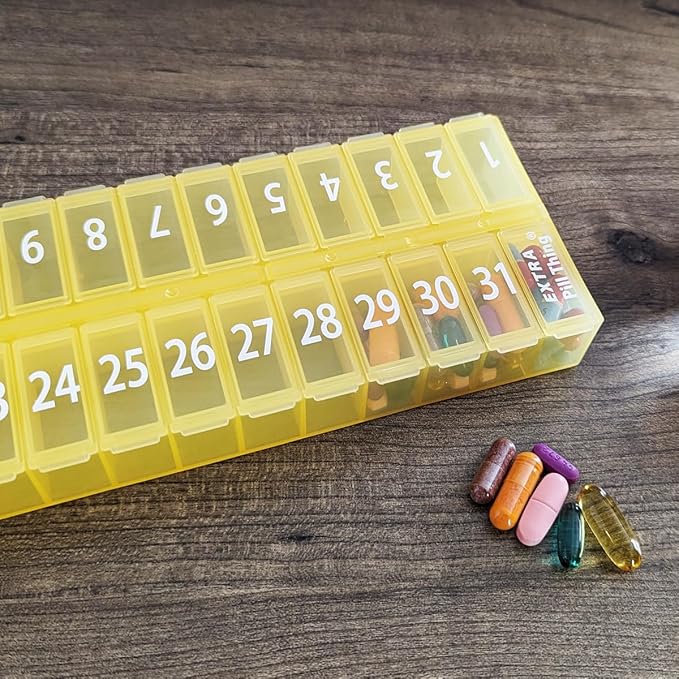 AM PM 31 Day Once-a Day Monthly Pill Planner Organizers - Large Compartment Pill Boxes Store Medications for Entire Month Plus Compartment for Extra Pills (AM/PM) (Am/Pm Black & Yellow)