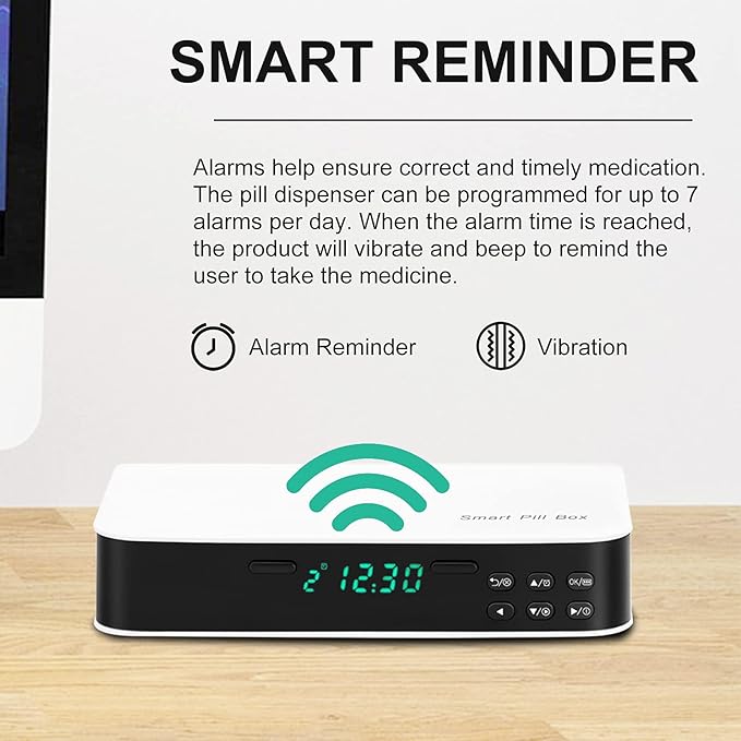 Pill Dispenser,Medicine Organizer,Weekly Pill Organizer with Smart Alarm,Remind to 7 Times a Day,Buzzer,Vibration,LED Light Display,Vitamins,Supplements,Home Pill Reminder