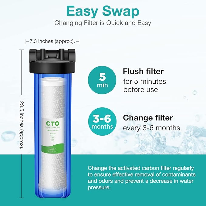 SimPure Whole House Water Filter Cartridges 5 Micron 20" x 4.5" CTO Activated Carbon Block, For DB20P, FC25B, CTO20BB, WHB20, 2 Pack