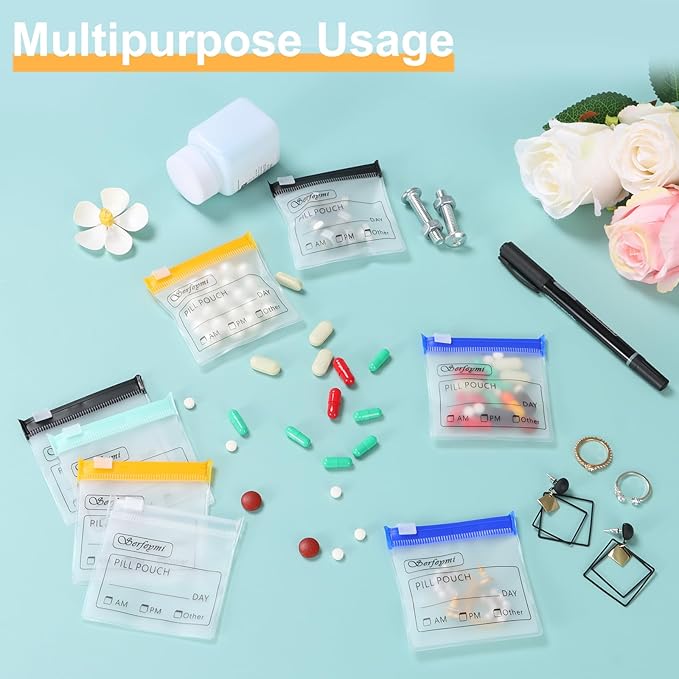 Serfeymi 114 Pcs Pill Pouch Bags for Travel Reusable Plastic Bags 3"x3" 12 mil (Double Sided) Translucent Zipper Pill Pouches for Medicine with Slide Lock & Writable Label, 1x Marker-White+Blue+Yellow