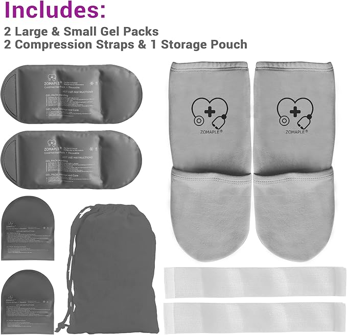 Zomaple Cold Therapy Socks + Gel Packs, Grey, Large – Soothe Burning Feet & Reduce Swelling – Hot/Cold Use, Touch Fasteners & Comes with 2 Large & 2 Small Gel Packs – Versatile Foot Ice Pack Wrap