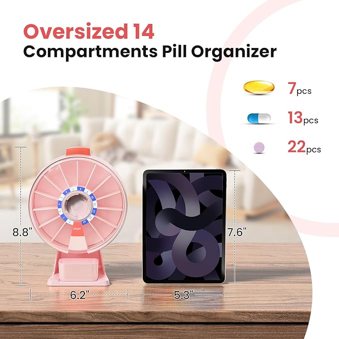Odaro Large Pill Dispenser, Weekly Pill Organizer 7 Day Am Pm / 14 Day Pill Box, Daily Medicine Pill Organizer with Wall-Mounted or Standing Use for Vitamin, Supplement, Medicine - Pink