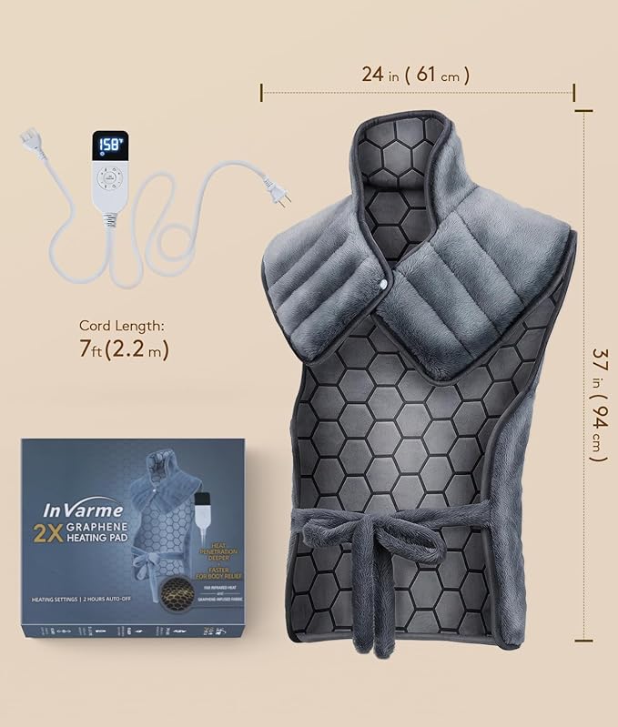 Neck-Back Far Infrared Heating Pad: 2X Graphene and Luxury Plush Electric Heating Pad for Neck Shoulders and Back - 3X Deep Pain Relief for Mom Dad in Full Body - 24” X 37” 2H Auto Off