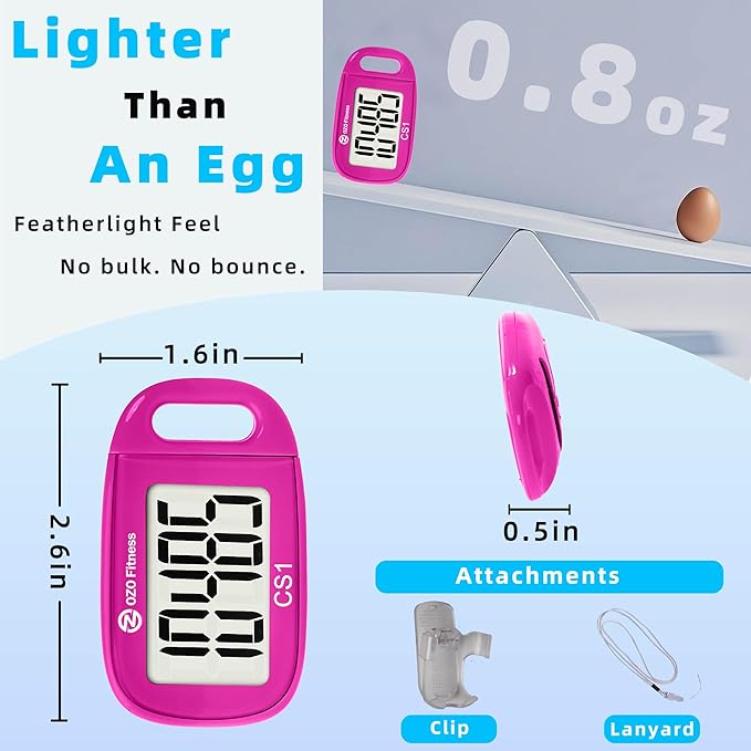 OZO Fitness Clip-on 3D Pedometer for Walking Steps Counter with Lanyard, Simple Exercise Tracker for Women and Seniors with Large Accurate Digital Display, Portable Minimalist Sports Monitor