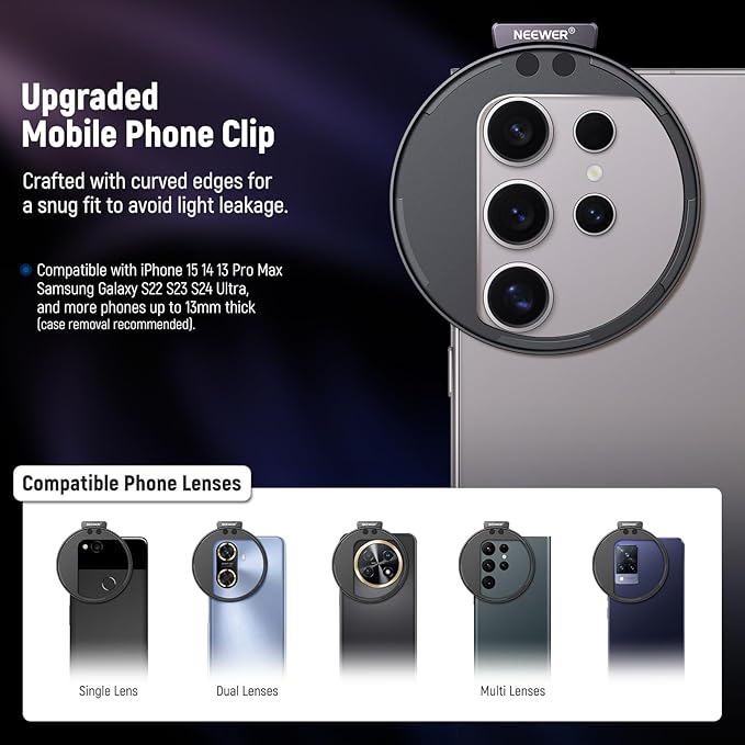 NEEWER 67mm Variable ND Filter with Cold Shoe Phone Lens Clip, HD Clip On Magnetic ND2-32 Filter Compatible with iPhone 17 Pro Max 16 15 14 Android Samsung Galaxy S24 S25 Ultra